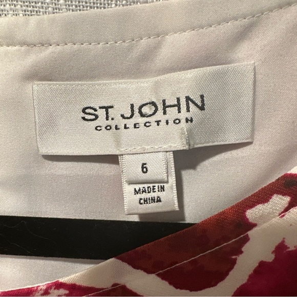 St. John Collection Womens Midi Dress Size 6 Ruched Red & White Patterned Silk - Picture 4 of 12